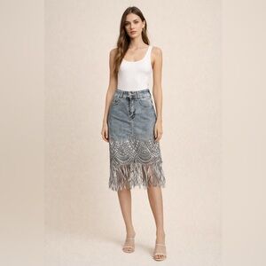 Fringe Denim Skirt - Blue M mc4